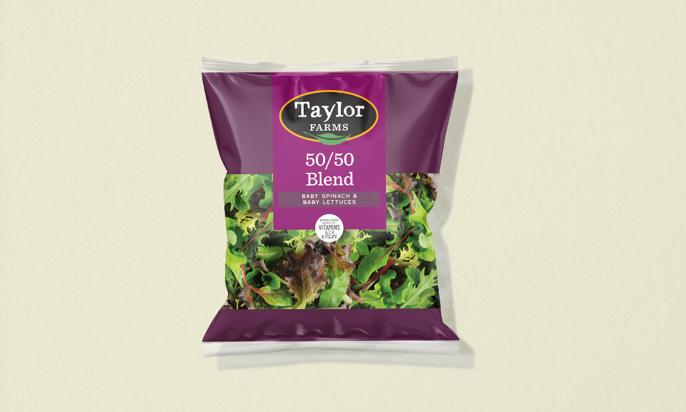 Fresh 50/50 salad blend featuring leafy greens and crisp vegetables in a 5oz package for healthy meal options.