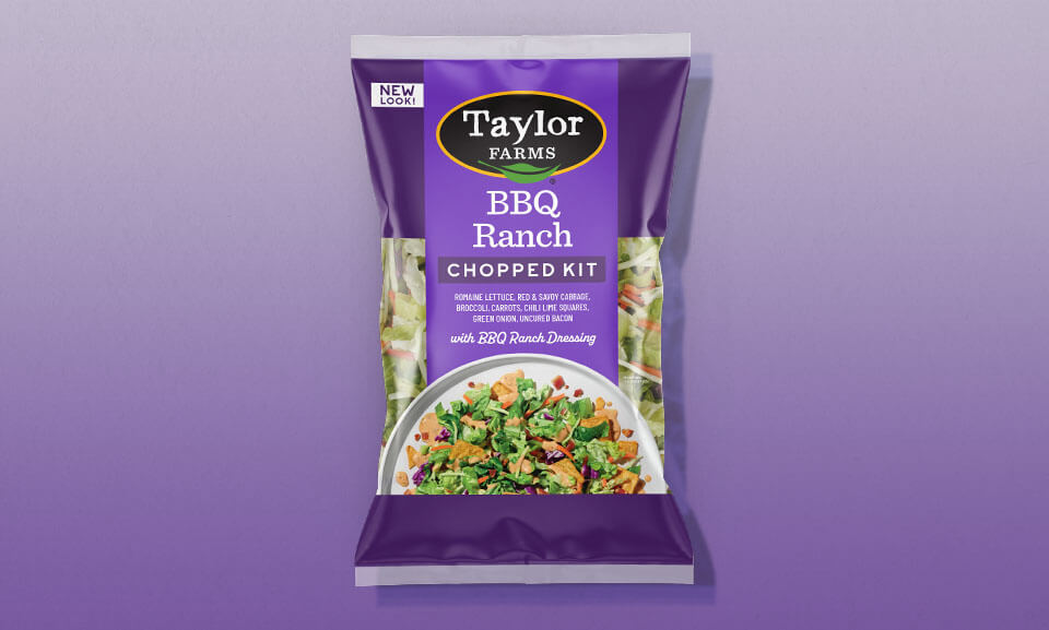 BBQ Ranch Chopped Salad Kit with vibrant greens and colorful toppings in an appealing gradient design.