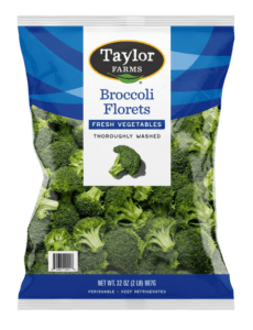 A blue package of Taylor Farms broccoli florets.
