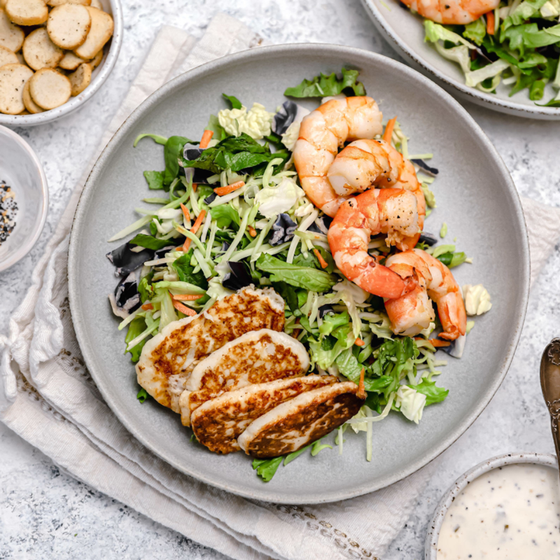 Everything Chopped Salad with Roasted Shrimp and Halloumi