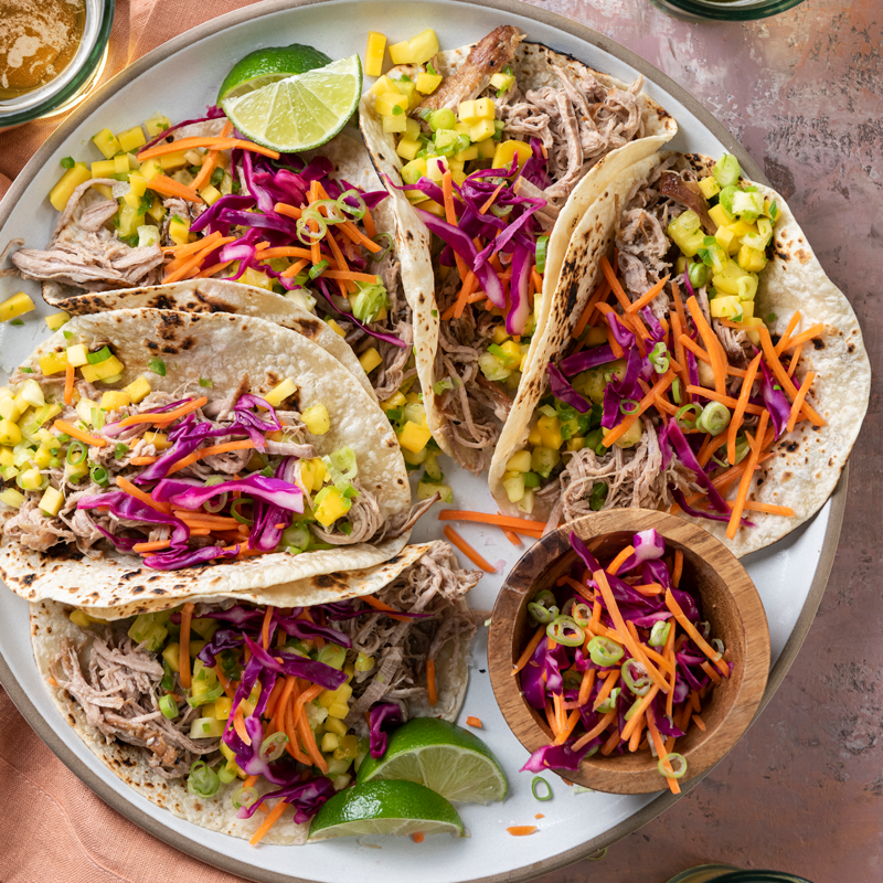 Shredded Pork Tacos with Carrot Cabbage Slaw & Mango Salsa