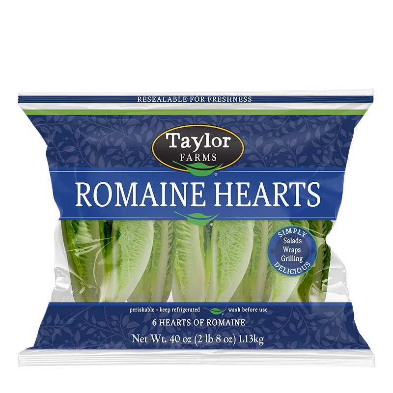 A blue Taylor Farms package of 6 romaine hearts