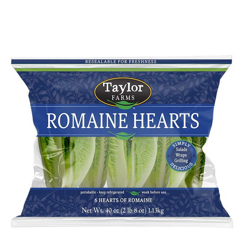 A blue Taylor Farms package of 6 romaine hearts