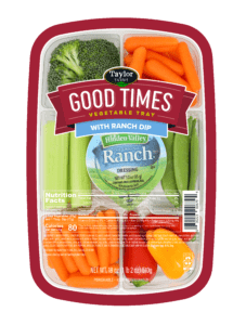 The Taylor Farms Vegetable Tray Peas and Peppers, featuring sweet mini peppers, sugar snap peas, carrots, celery, broccoli, and Hidden Valley Ranch.