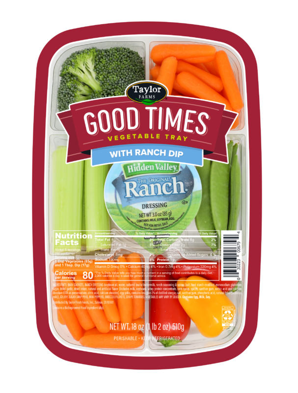 The Taylor Farms Vegetable Tray Peas and Peppers, featuring sweet mini peppers, sugar snap peas, carrots, celery, broccoli, and Hidden Valley Ranch.