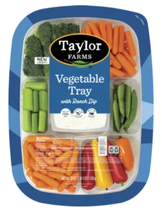 Delicious 36oz vegetable tray from Taylor Farms with fresh, colorful veggies and a convenient lidded film top.