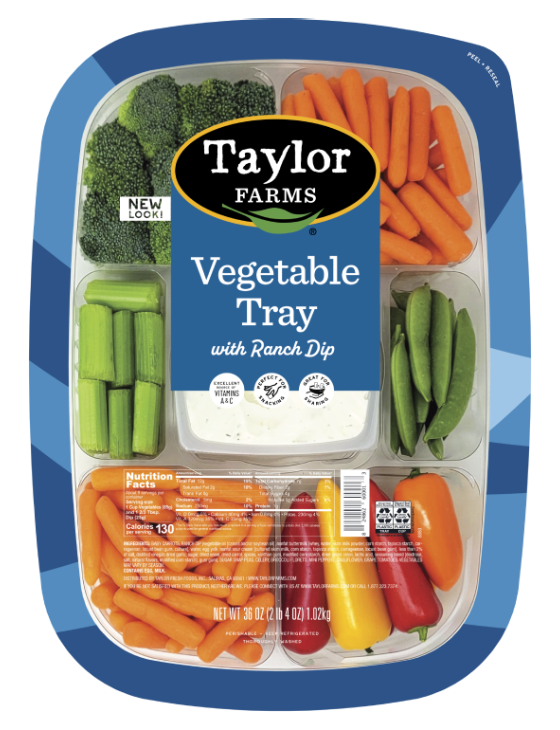 Delicious 36oz vegetable tray from Taylor Farms with fresh, colorful veggies and a convenient lidded film top.