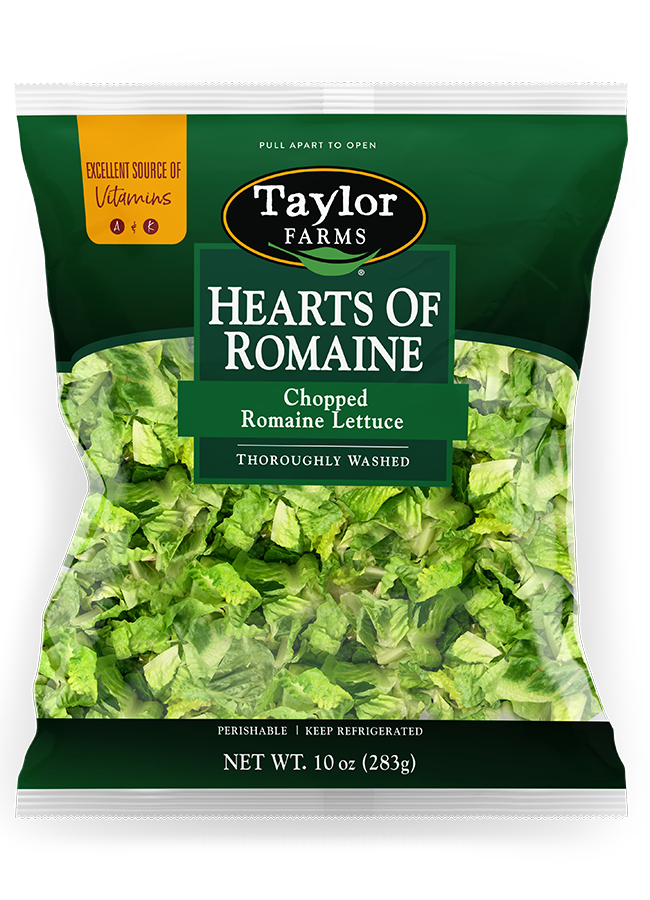 The package of Hearts of Romaine showing crispy, chopped romaine lettuce.