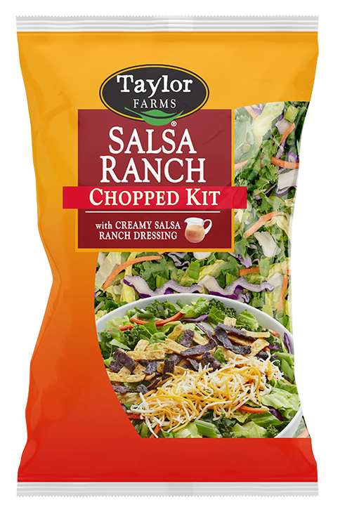 The Salsa Ranch Chopped Salad Kit package, showing romaine lettuce, red and green cabbage, kale, carrots, and green onions, which are topped off with shredded cheese, tortilla strips, and a salsa ranch dressing.