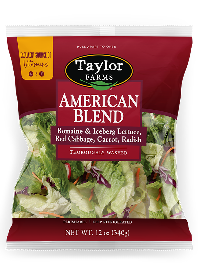 The Taylor Farms American Blend Salad, with romaine and iceberg lettuce, red cabbage, carrot, and radish.