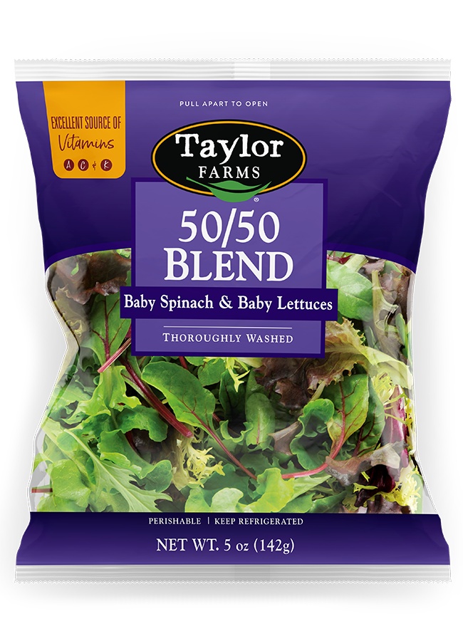 Taylor Farms 5oz 50/50 blend salad mix package showcasing fresh greens and colorful vegetables.