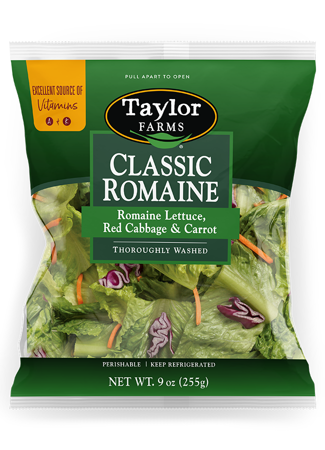 The Taylor Farms Classic Romaine salad blend, featuring crispy romaine lettuce, shredded carrots, and red cabbage.