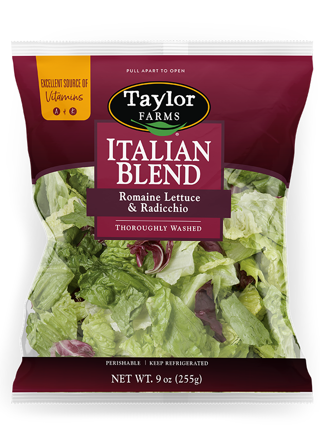 The Taylor Farms Italian Blend Salad featuring crispy romaine lettuce and radicchio, high in vitamin A & C and thoroughly washed.