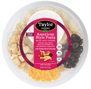 American-style pasta salad in a ready-to-eat bowl with colorful vegetables and a savory dressing.