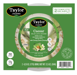 Caesar salad in a ready-to-eat bowl from Taylor Farms, featuring crisp lettuce, dressing, and toppings.