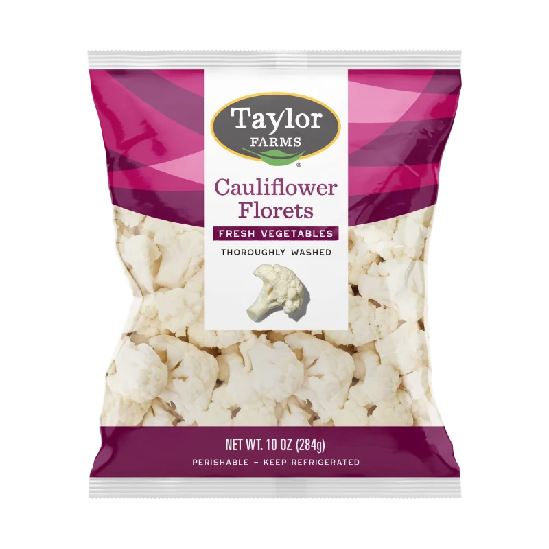 The bag of Taylor Farms Cauliflower Florets showing fresh, trimmed cauliflower florets.