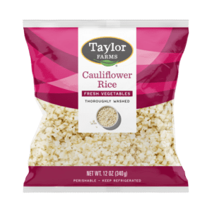 The Taylor Farms Cauliflower Rice package showing fresh cauliflower rice in a sealed plastic bag.