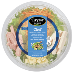 Taylor Farms Everything Chef Salad in a ready-to-eat bowl featuring fresh greens, vegetables, and delicious toppings.