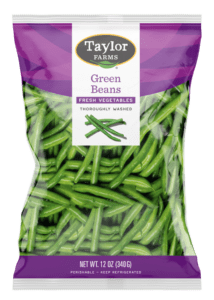 Fresh 12oz package of Taylor Farms green beans ready for cooking or snacking.