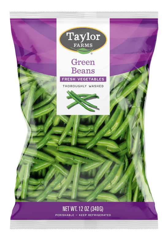 The Taylor Farms Green Beans package showing fresh whole green beans in a sealed plastic bag.