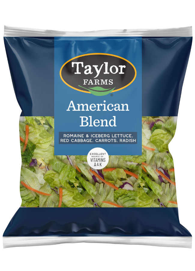 The Taylor Farms American Blend Salad, with romaine and iceberg lettuce, red cabbage, carrot, and radish.