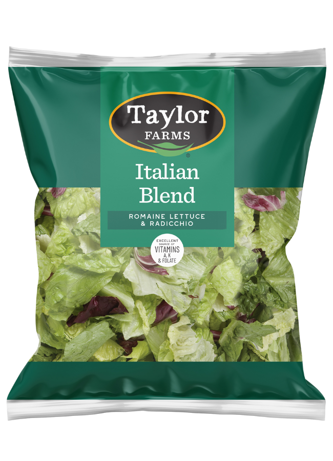 The Taylor Farms Italian Blend Salad featuring crispy romaine lettuce and radicchio, high in vitamin A & C and thoroughly washed.