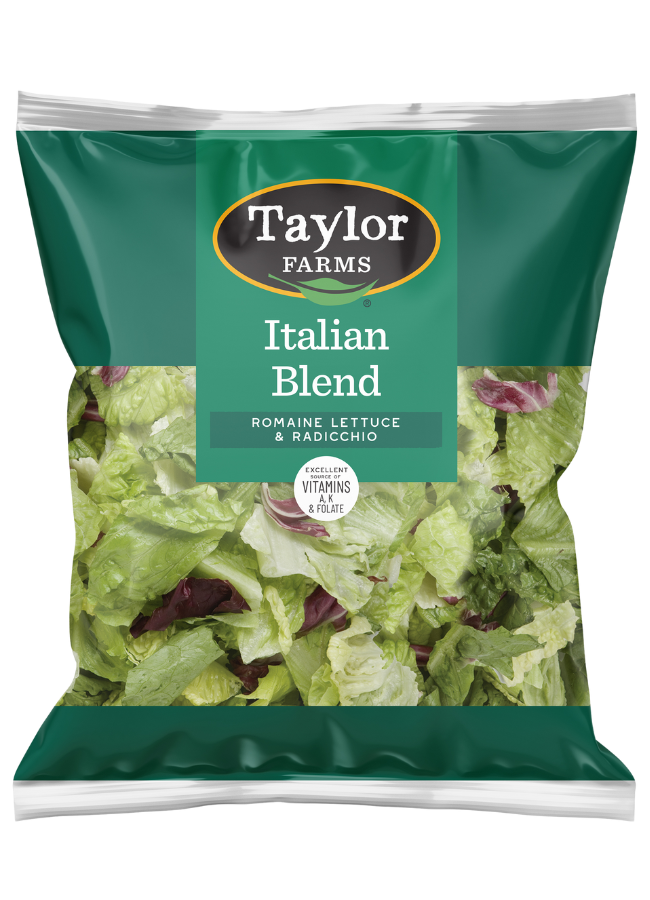 The Taylor Farms Italian Blend Salad featuring crispy romaine lettuce and radicchio, high in vitamin A & C and thoroughly washed.