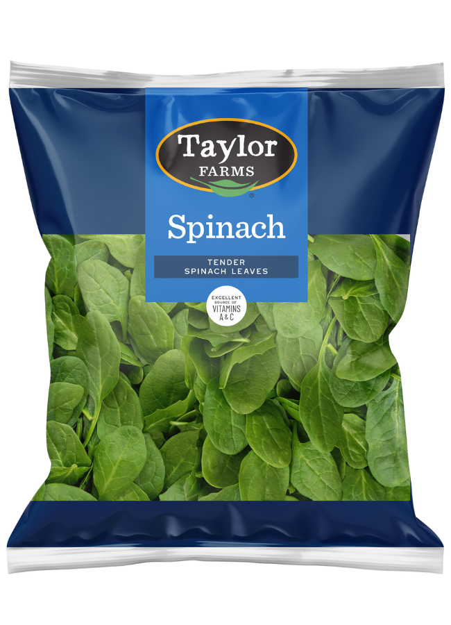 Taylor Farms spinach package showing fresh spinach leaves