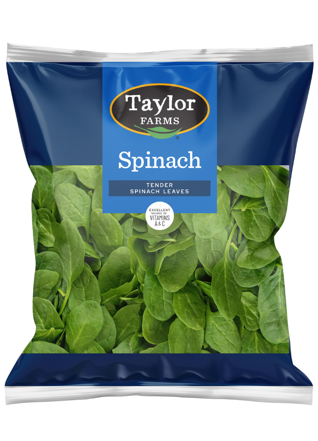 Taylor Farms spinach package showing fresh spinach leaves