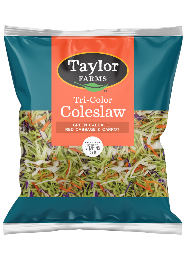 Orange package of Taylor Farms Tri-Color Cole Slaw featuring fresh raw green cabbage, red cabbage, and carrot