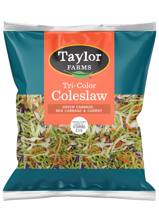 Orange package of Taylor Farms Tri-Color Cole Slaw featuring fresh raw green cabbage, red cabbage, and carrot