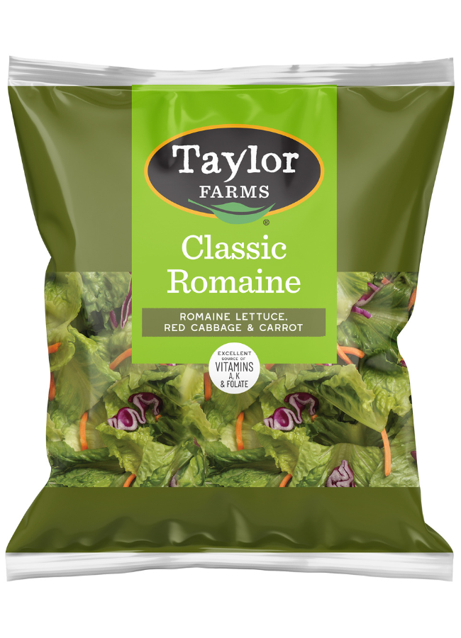 The Taylor Farms Classic Romaine salad blend, featuring crispy romaine lettuce, shredded carrots, and red cabbage.
