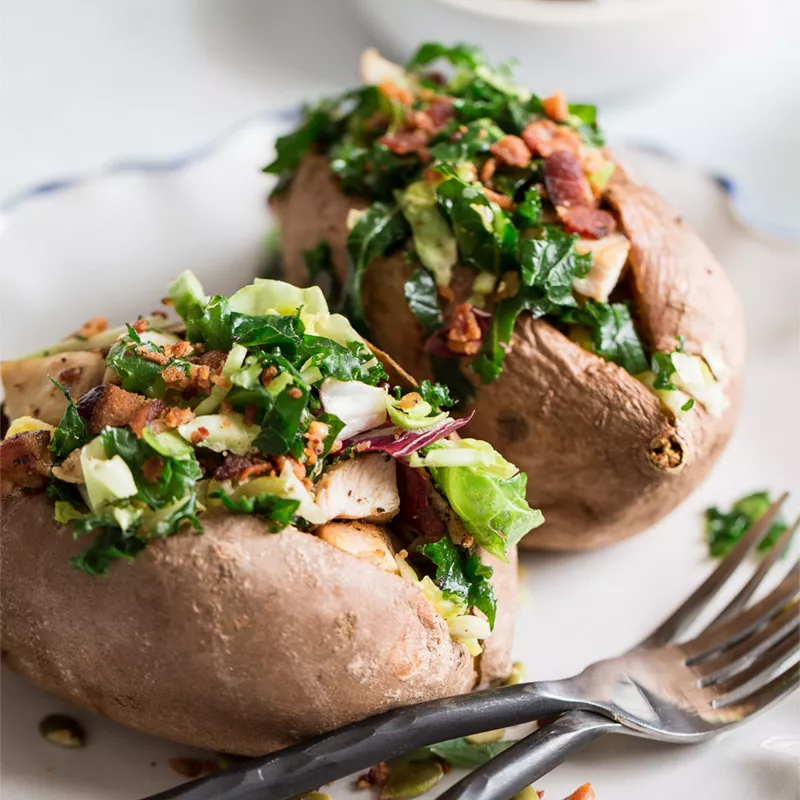 Grilled Chicken & Sweet Kale Salad Stuffed Sweet Potatoes Featured Image
