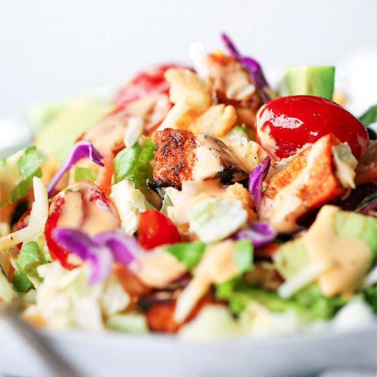 Roasted Sweet Potato Sheet Pan Salad with Buffalo Ranch Dressing Header Image