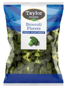 A blue package of Taylor Farms broccoli florets.
