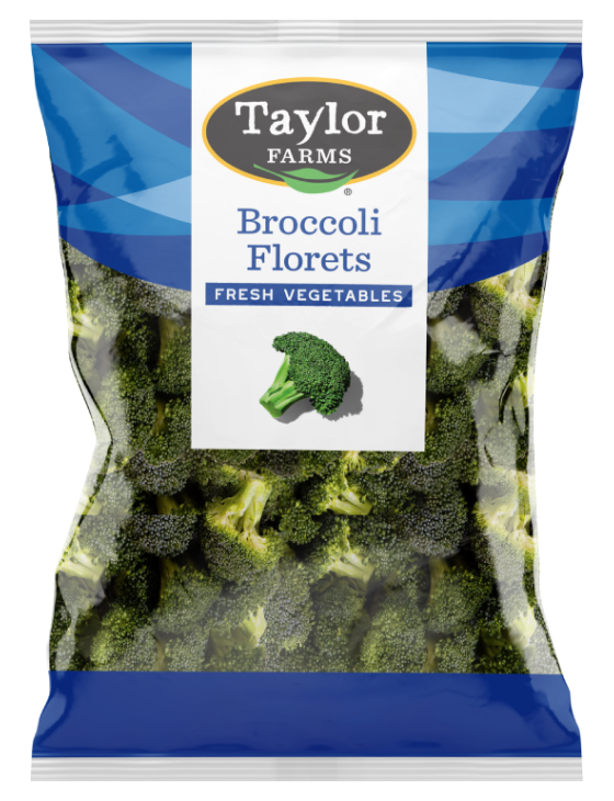 A blue package of Taylor Farms broccoli florets.