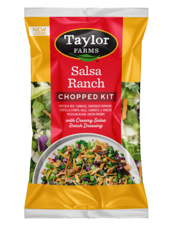 The Salsa Ranch Chopped Salad Kit package, showing romaine lettuce, red and green cabbage, kale, carrots, and green onions, which are topped off with shredded cheese, tortilla strips, and a salsa ranch dressing.