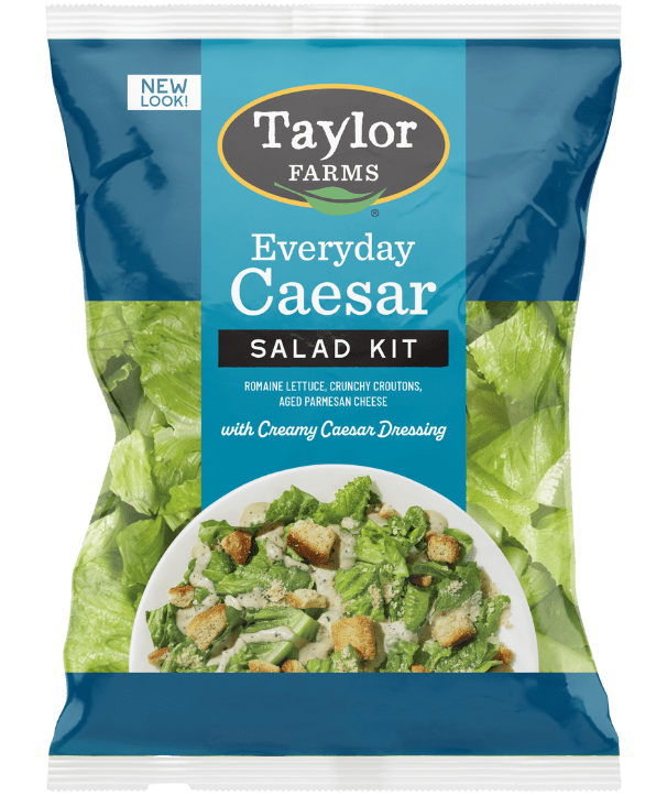 The Taylor Farms Everyday Caesar Salad Kit, with Romaine lettuce, cheesy and garlicky croutons, nutty grated parmesan cheese, and creamy Caesar dressing.