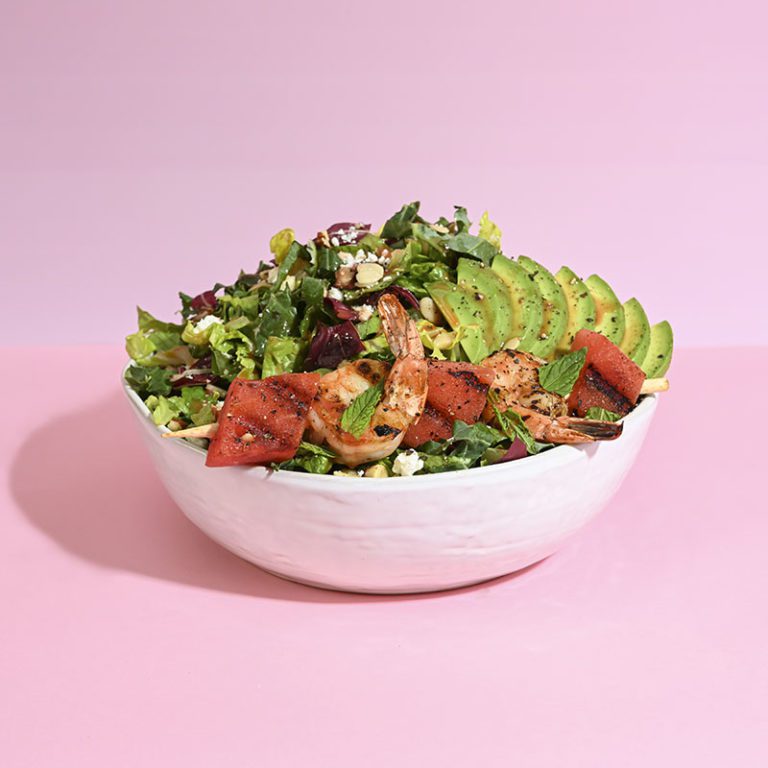 Grilled Shrimp and Watermelon Skewer Salad Header Image