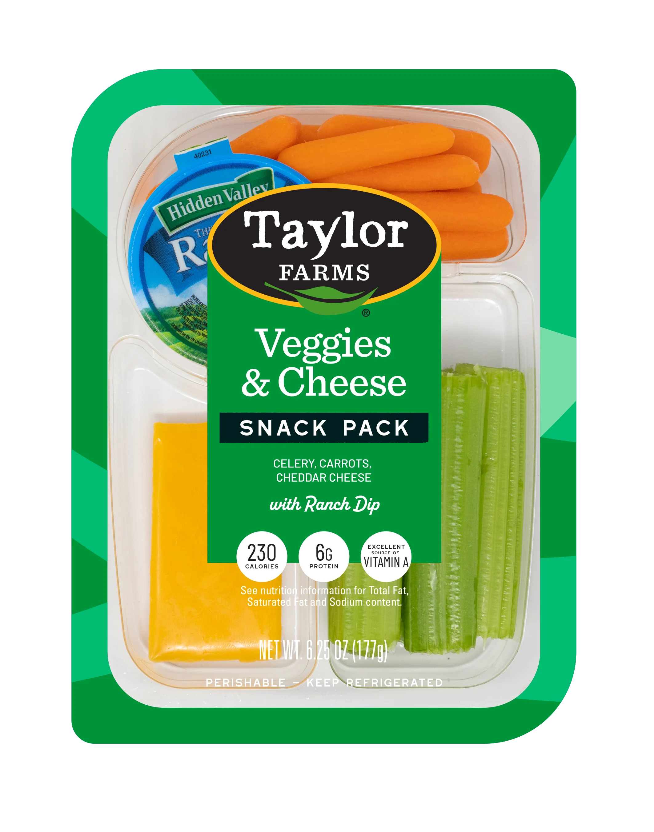 The Taylor Farms Veggies & Cheese Snack Pack package, showing celery stalks, baby carrots, cheddar cheese slices, and Hidden Valley Ranch dip.