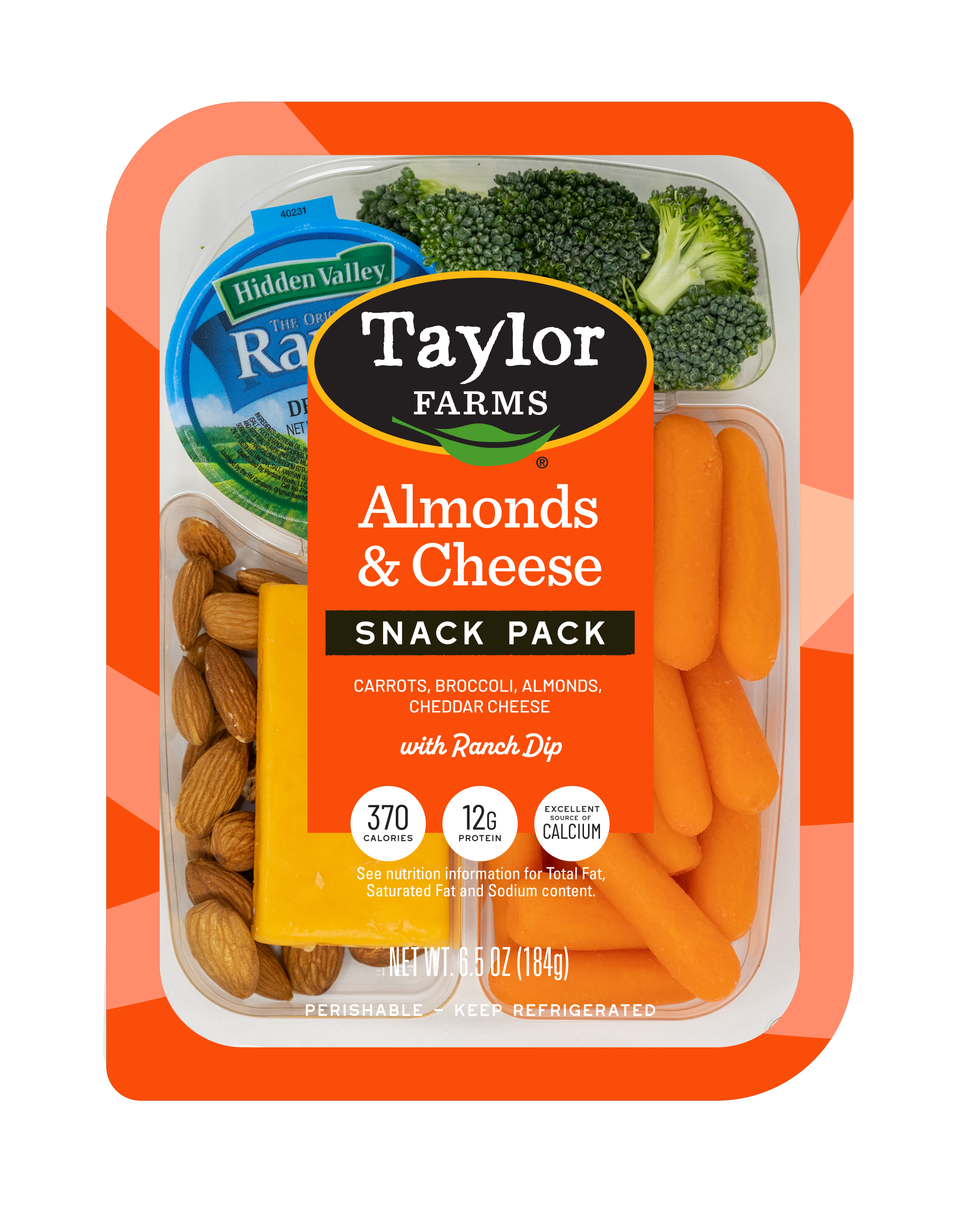 Taylor Farms Almonds & Cheese Snack Pack - 6.5 Oz - with cheddar cheese, almonds, broccoli, and creamy ranch dip.