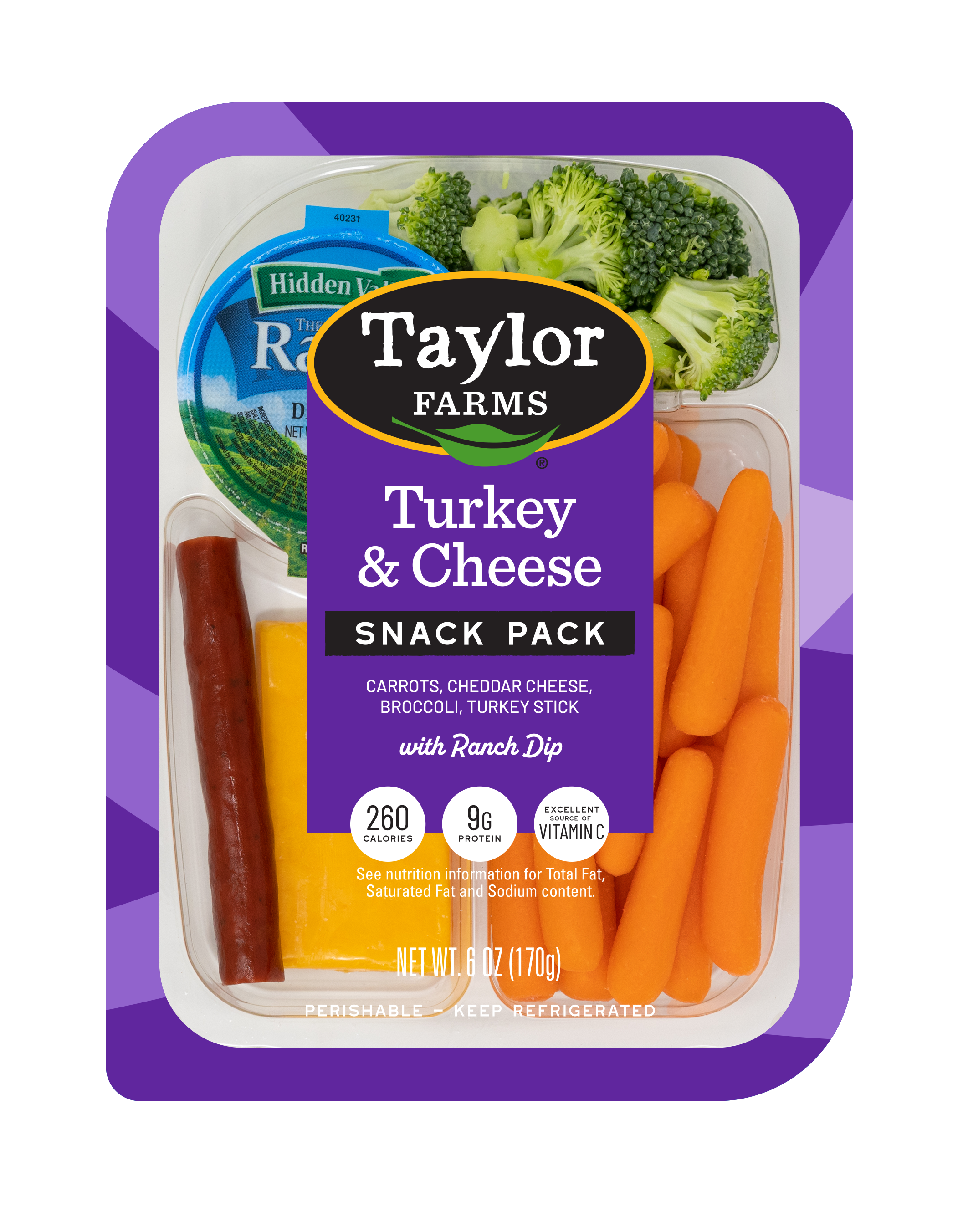 Taylor Farms Turkey & Cheese Snack Pack with turkey sticks, cheddar cheese, carrots, and broccoli.