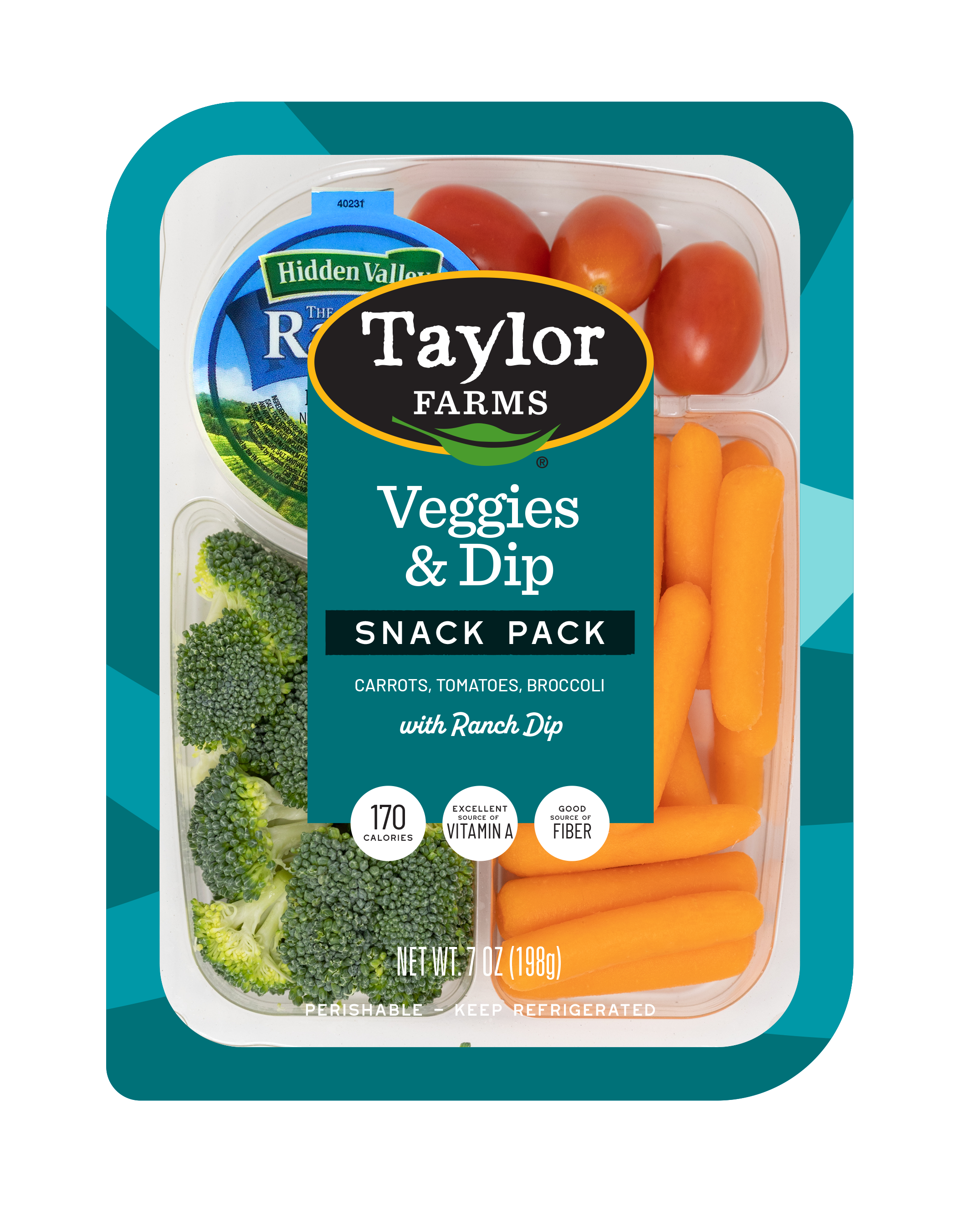 The Taylor Farms Veggies & Dip package, showing celery stalks, baby carrots, grape tomatoes, and Hidden Valley Ranch Dip.