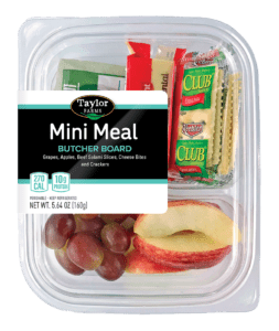Mini meal butcher board featuring fresh meats, cheeses, and garnishes in a convenient 5.64oz package.