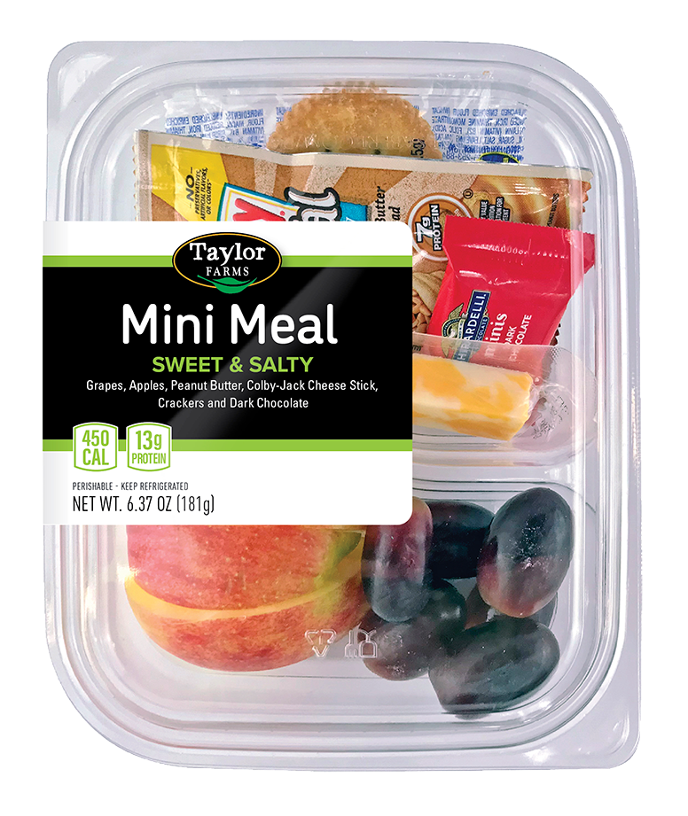 Taylor Farms Mini Meal 6.37oz pack featuring a sweet and salty mix of fresh ingredients.