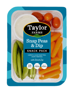 The Taylor Farms Snap Peas & Dip Snack Pack package, showing snap peas, baby carrots, grape tomatoes, and ranch dip.