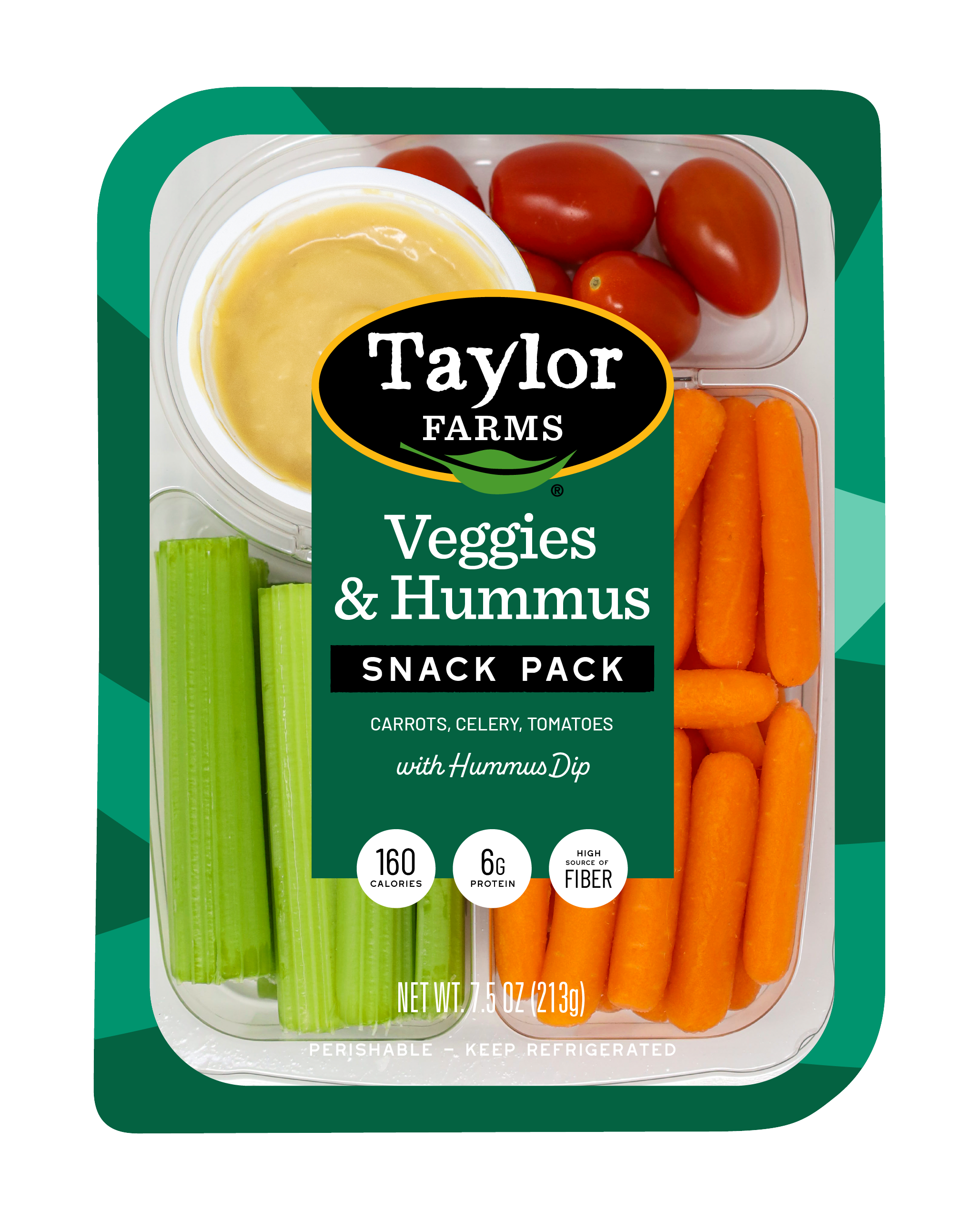 The Taylor Farms Veggies & Hummus Snack Pack package, showing celery stalks, baby carrots, grape tomatoes, and hummus dip.