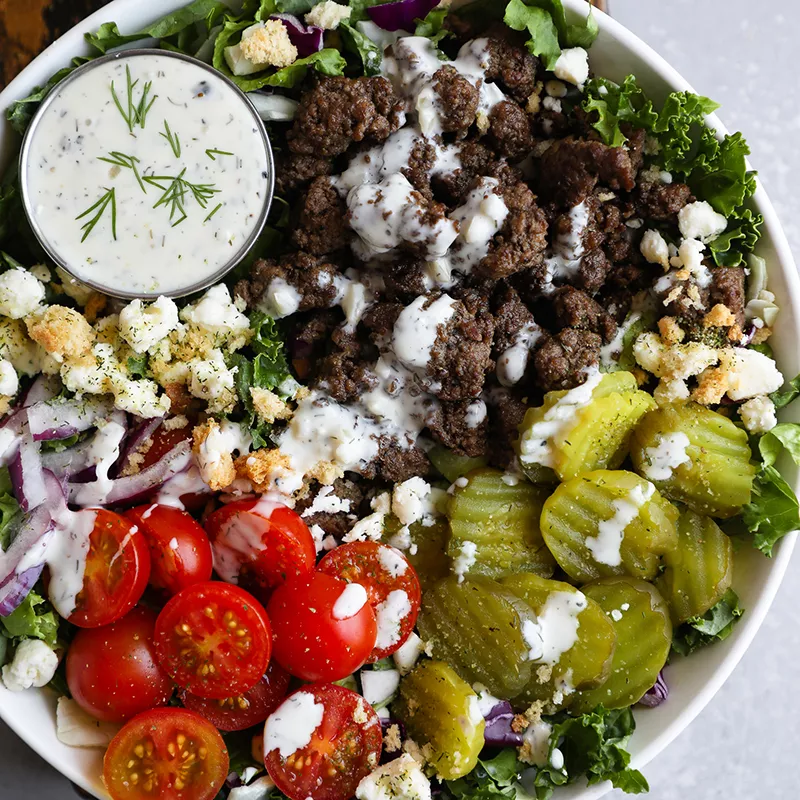 Creamy Dill Pickle Loaded Burger Bowl