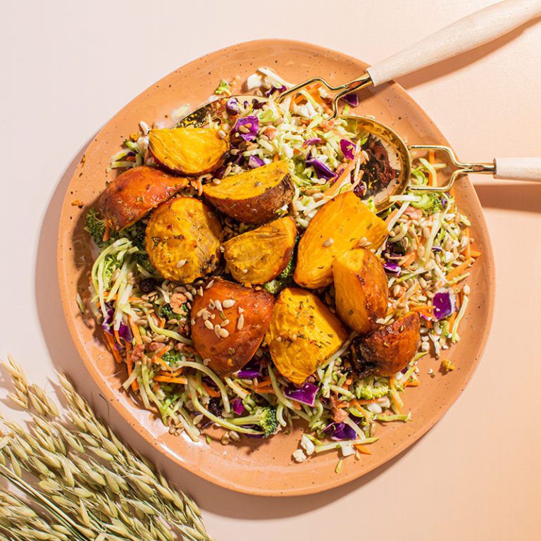 Fresh broccoli crunch salad with vibrant vegetables and a light dressing, perfect for healthy eating and meal prep.