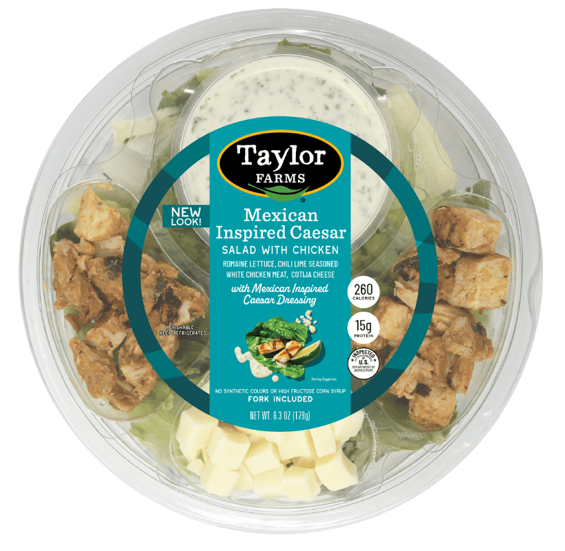Mexican-inspired Caesar salad in a ready-to-eat bowl, featuring fresh greens, croutons, and vibrant toppings.